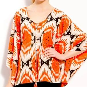 Vince Camuto Cape/Tunic Top, Size Large Orange Brown Ikat